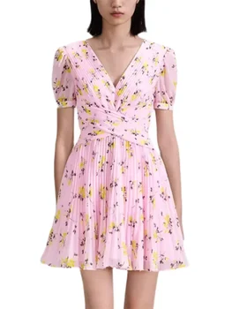 Мини-рокля за дамите 2023, плиссированное с флорални принтом, Тънка талия, V-образно деколте, Розови елегантни престилки с къс ръкав.