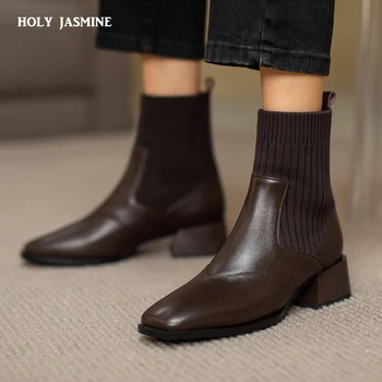 Модни дамски ботильоны от висококачествена естествена кожа ръчно изработени 2021, Есенни Нови обувки, дамски обувки на висок ток, с еластична лента
