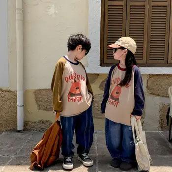 Модни Детски памучни дрехи, тениски с дълги ръкави и анимационни принтом за малки момичета, Корейски тениска за момчета, ежедневни памучни блузи