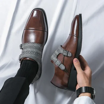 Мъжки обувки Монк от изкуствена кожа с двойна катарама На нисък ток Модерен бизнес Ежедневни обувки Удобен Класически мъжки обувки Големи размери 38-48