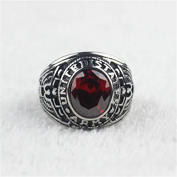 Мъжки пръстен от неръждаема стомана с червен фианитным кристал, армейское пръстен САЩ