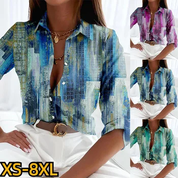 Нов дизайн, отгоре с принтом, секси блуза с V-образно деколте, Елегантен дамски модни риза с копчета и дълъг ръкав, есен облекло, реколта риза