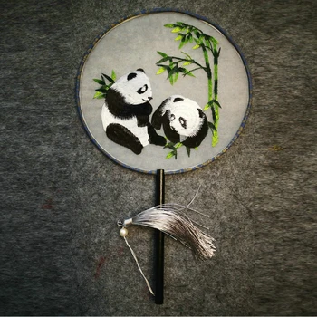 Ориенталски две направления през Цялата Бродирана коприна фен с участието на бамбук под формата на панда, символ на късмет и надежда Аксесоари за Чонсам