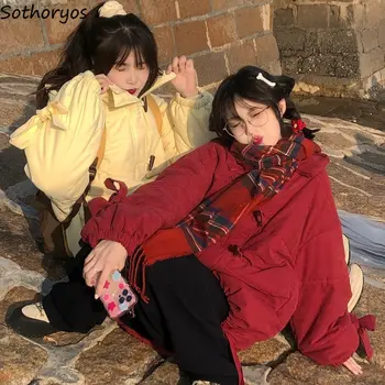 Паркове Женски с лък Ежедневното Удебеляване на Студентски Зимни Пуговица във формата на рог Kawaii Удобни Цветни Модни Елегантни Прости В новия корейски стил