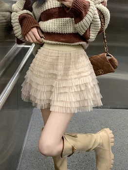 Пролет 2023, Дамски Поли с висока Талия, Модни Сладка Секси Еластична, мини-пола в стил мозайка от плътна мрежа, Елегантна Жена