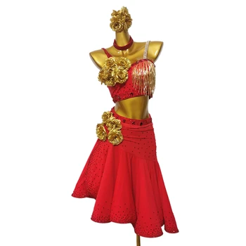 Рокля за латино танци от Висок клас, изработен по поръчка на Червени и Златни цветя с диамантен пръстен, Ча-Ча-Ча Танго, дамски професионално облекло за сцена за възрастни