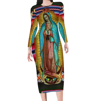 Рокля на Дева мария от Гуадалупе С дълъг ръкав, Клубни рокли Virgin Mary Zarape, Пролетта Женски Естетически Графично Дебнещ рокля Голям размер