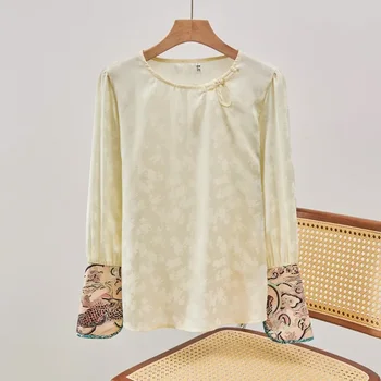 Сатен Женска риза, Пролет-Лято Свободни Блузи В Китайски стил С Кръгло деколте, Дамски дрехи, Модерен Жена Топ С дълги ръкави YCMYUNYAN