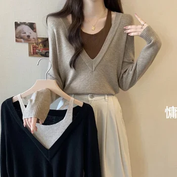 Свободен ден за ден изкуствен трикотаж от две части, блузи без презрамки с дълъг ръкав, ефектен есенен пуловер Harajuku, Дамски пуловер