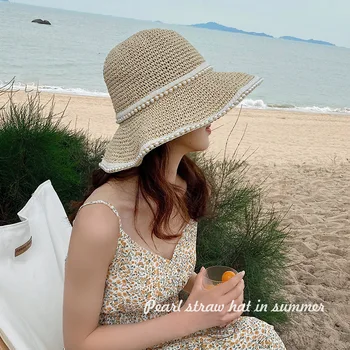 Сламена шапка Дамски Перлена шапка с голяма периферия Дамски Летни Модни Солнцезащитная шапка в стил Ретро, за плажни пътуване