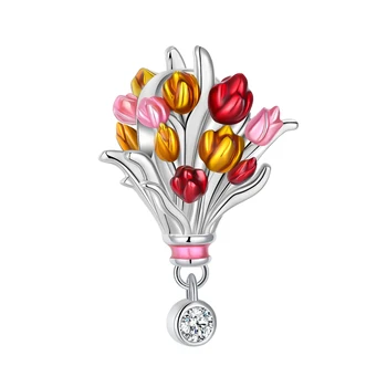 Сребро 925 Проба Цветен Букет С цветя Чар, Подходящи за оригинални Гривни Пандора, За жени, Подарък за бижута със собствените си ръце