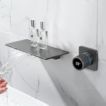 Стенен кран с цифров дисплей на температурата, черен стенен кран за тоалетна, мивка, матово черно и светло сиво стенен кран