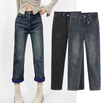 Флисовые дънки за момичета Дейв & Di Fasion, зимни плюшени дънки, топли реколта директни дънкови панталони за жени
