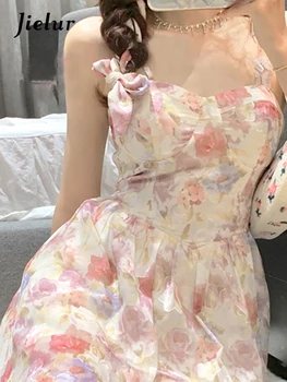 Френски реколта рокли Jielur в корейски стил, дамски ежедневни летни мини рокли с цветен модел, в елегантна рокля на спагети презрамки, женски дизайн, без ръкави