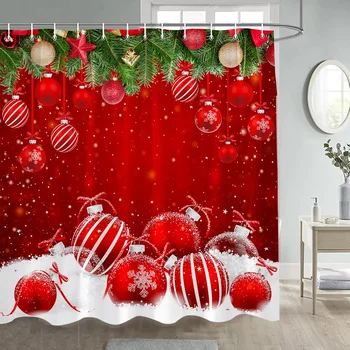 Червена Коледна завеса за душ, Зелена борова клонка, Коледни топки, Снежинки, нова година начало декор, тъкани пердета за баня