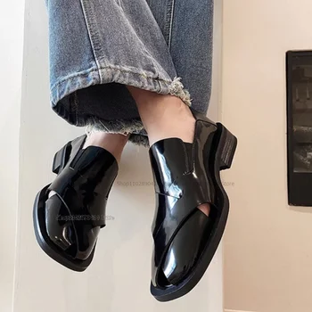 Черни лоферы от лачена кожа с мека повърхност, висококачествена и модни мъжки обувки, без закопчалка, удобни ежедневни мъжки сандали с ниски берцем