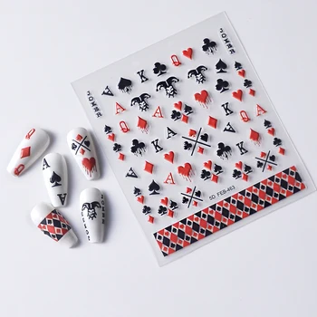 Черно-червена Квадратна геометрия Poker Clown Entertainment 3D Самозалепващи стикери за нокти 5D Мека релефна стикер за нокти DIY на телефон Жена