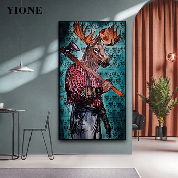 Човек със силен брадва, елена, говеда, маслени бои, абстрактно изкуство животни, платно, плакати, стенни картина за декорация на всекидневна