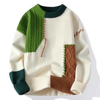 Crochet пуловери за мъже, Пуловери, Мъжки есента топли дрехи, Поло в стил мозайка, Нов пуловер, Зимни памучен топло мъжко облекло