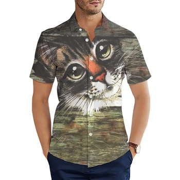 HX Модерен Ризи с животни Забавен Сладък таби Коте Ежедневни ризи с 3D принтом Летни Блузи с къс ръкав и отворотами за мъже Camisas
