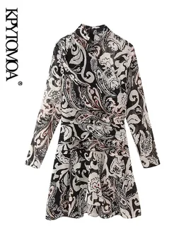 KPYTOMOA Дамско модно присборенное мини-рокля с принтом от метални нишки, реколта дамски рокли с цип отзад с дълъг ръкав, Vestidos