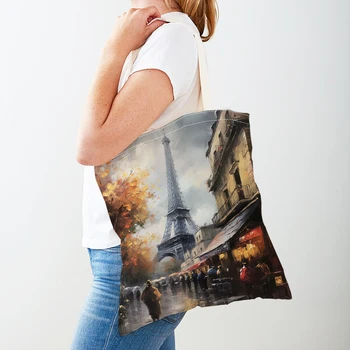 Vitage Travel Cite Дамски чанти за пазаруване Париж, Лондон, Сидни пазарска Чанта през рамо с двойно принтом Ежедневни дамски холщовые чанти-тоут