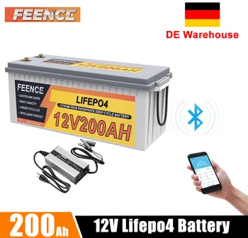 Батерия FEENCE 12V 200Ah Plus LiFePO4, Батерия LiFePO4 Дълбоко цикъл капацитет 2560 Wh, 200A С Bluetooth BMS, Ремарке на Слънчевата Енергия, Лодка