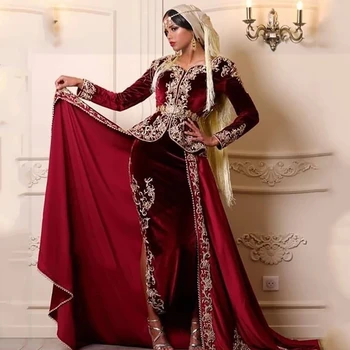 Бордо Марокански Кафтан Мюсюлмански вечерни рокли Калъф с дълъг ръкав, Апликация Дубай Арабски Турция Абая Ислямското рокля