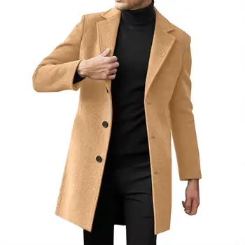 Зимно мъжко вълнена палта с ревери, Дълъг ръкав, однобортный костюми, Връхни дрехи, Странични джобове, Дълга мъжки яке