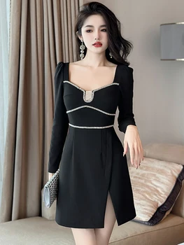 Модно черна рокля 2023, дамско луксозно елегантна къса рокля с диаманти и намаляване на високата талия-секси вечерна рокля за бала, клубна облекло Vestidos Fiesta