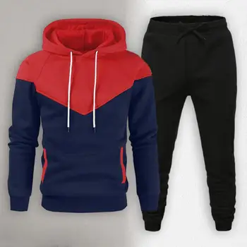 Мъжки комплект спортни облекла, стилен комплект спортни облекла, hoody с качулка и спортни панталони от 2 теми, меки топли дрехи за спорт.