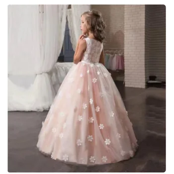Нов дизайн, рокли принцеса с цветя модел за момичета, летни дантелен бебешки рокли с бродерия на цветя, вечерни рокли за първо причастие