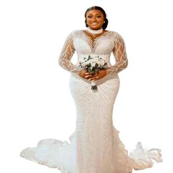 По-големи размери, сватбени рокли с високо воротом, бродирани с мъниста и пайети, сватбени рокли с волани в параклиса, струята с дълъг ръкав Robe De Mariee