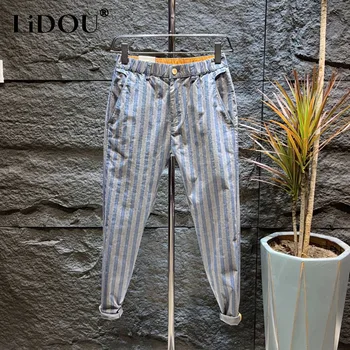 Пролет-лято, нови шарени модни панталони-зреещи с еластична гумена лента на талията, мъжки външни джоба с копчета и цип, тънки универсални панталони