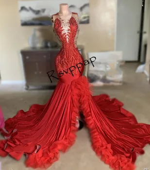 Секси дълги рокли за абитуриентски бал 2023 с висока цепка, невероятни мъниста, перли, планински кристал, Дамски официални рокли, червената рокля за бала 
